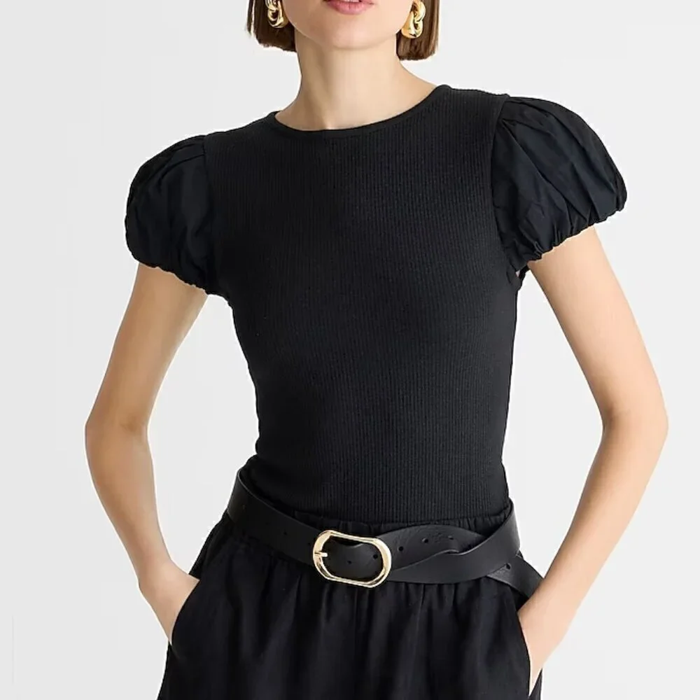 J. Crew Vintage Rib T-shirt Cotton Poplin Puff Cap Sleeves Cream Size S NWT